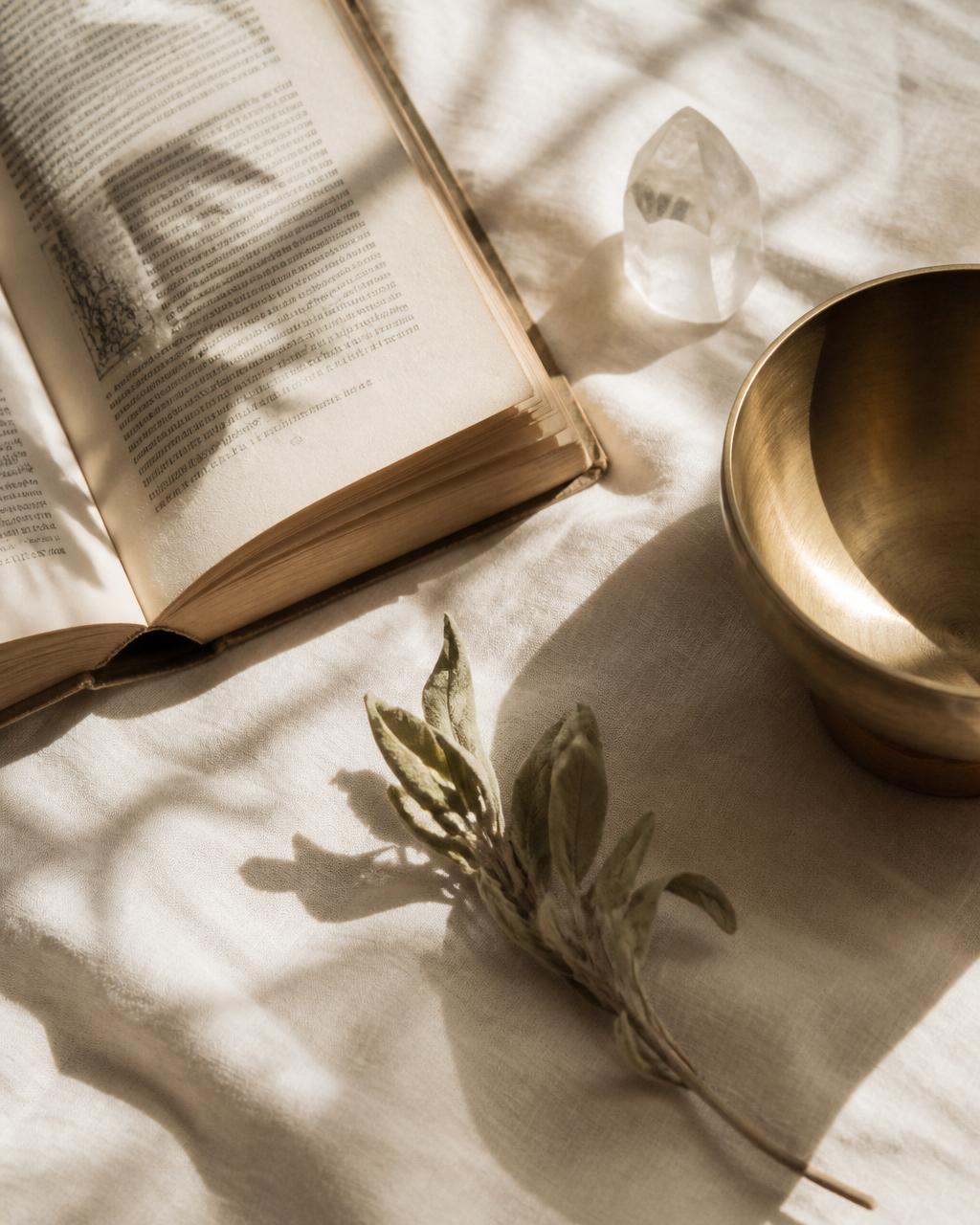 Cristal et livre ancien, atmosphère de sanctuaire